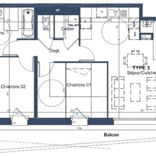 T3 de 62m² avec balcon et parking